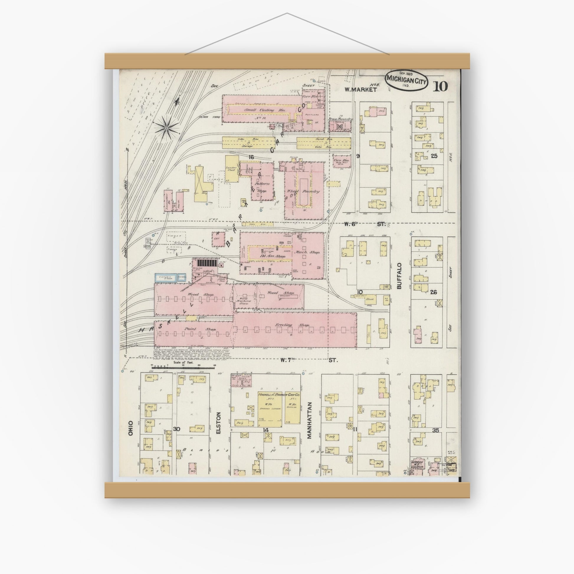 Old map wall art mockup — magnetic wood frame on white wall — Sanborn Fire Insurance Map from Michigan City, La Porte County, Indiana (1889), Sheet #0010