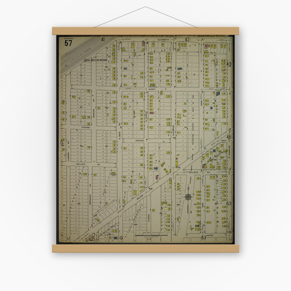 Old map wall art mockup — magnetic wood frame on white wall — Sanborn Fire Insurance Map from Kenosha, Kenosha County, Wisconsin. (1918), Sheet 61