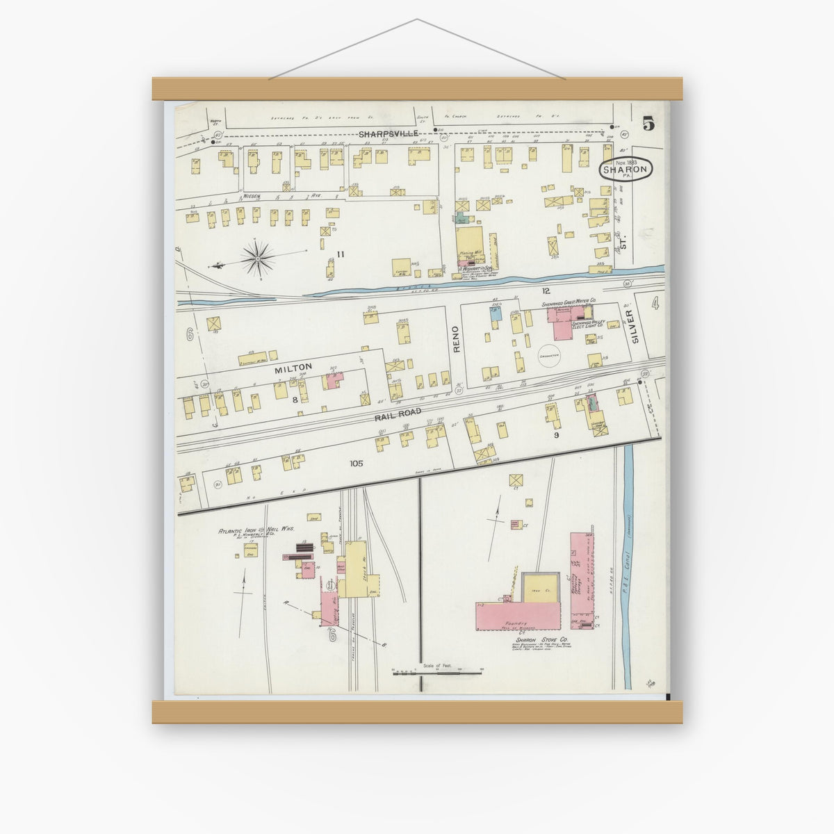 Old map wall art mockup — magnetic wood frame on white wall — Sanborn Fire Insurance Map from Sharon, Mercer County, Pennsylvania (1893), Sheet #0005