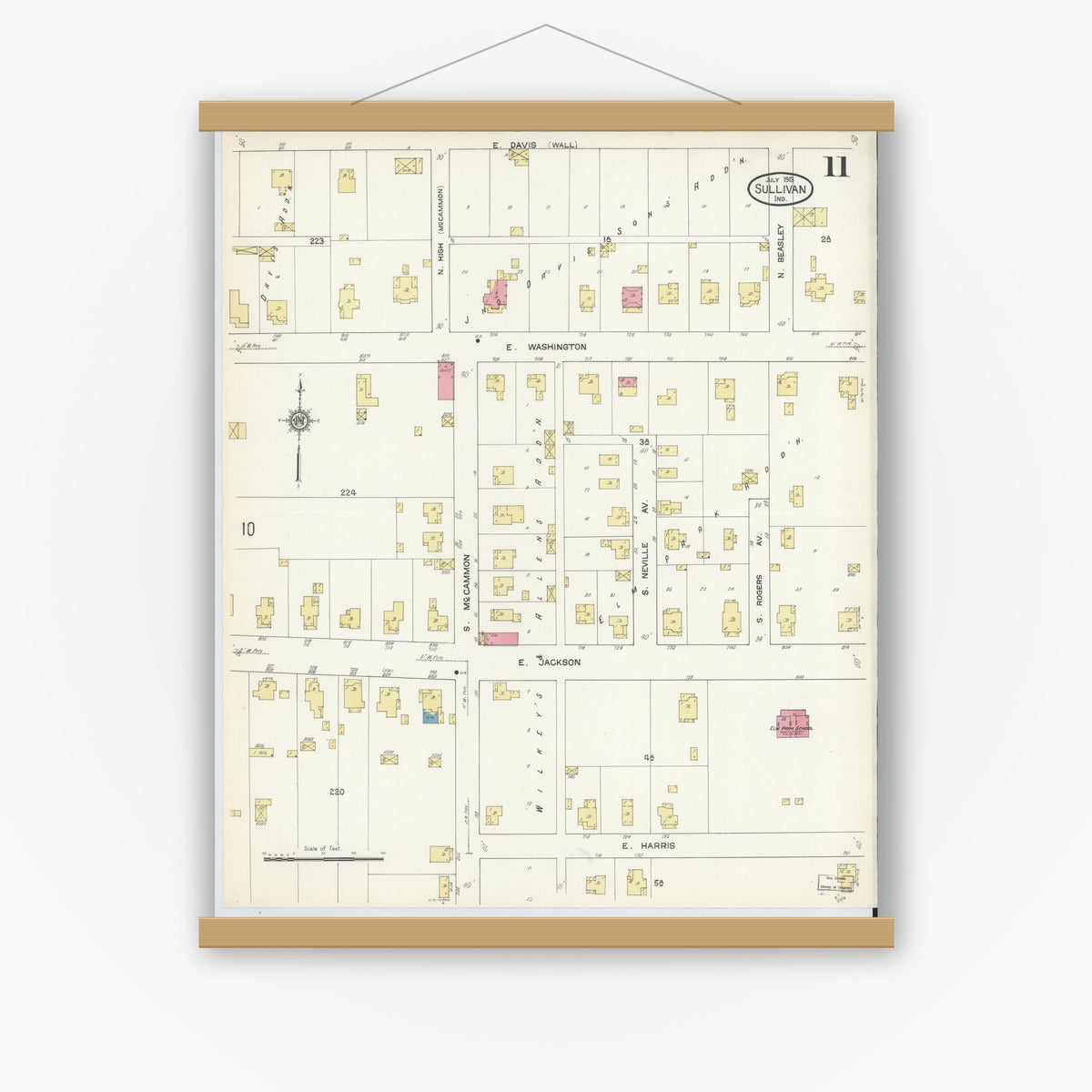 Old map wall art mockup — magnetic wood frame on white wall — Sanborn Fire Insurance Map from Sullivan, Sullivan County, Indiana (1913), Sheet #0011