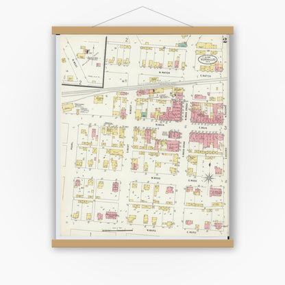Old map wall art mockup — magnetic wood frame on white wall — Sanborn Fire Insurance Map from Versailles, Darke County, Ohio (1898), Sheet #0002