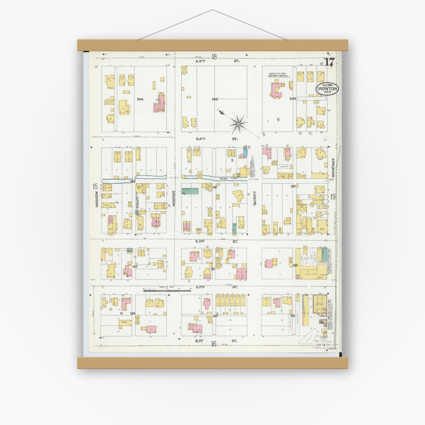 Old map wall art mockup — magnetic wood frame on white wall — Sanborn Fire Insurance Map from Ironton, Lawrence County, Ohio (1904), Sheet #0017