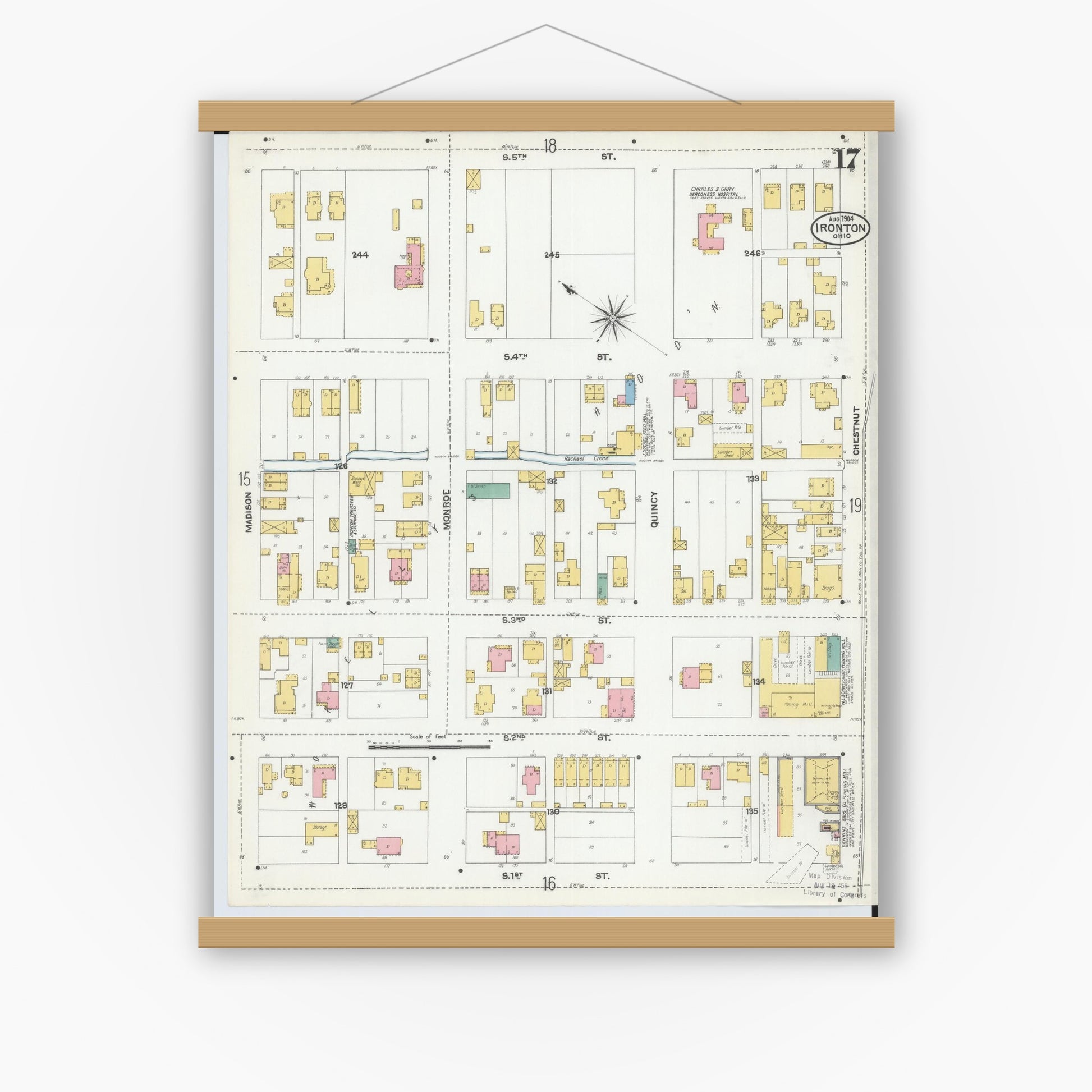 Old map wall art mockup — magnetic wood frame on white wall — Sanborn Fire Insurance Map from Ironton, Lawrence County, Ohio (1904), Sheet #0017