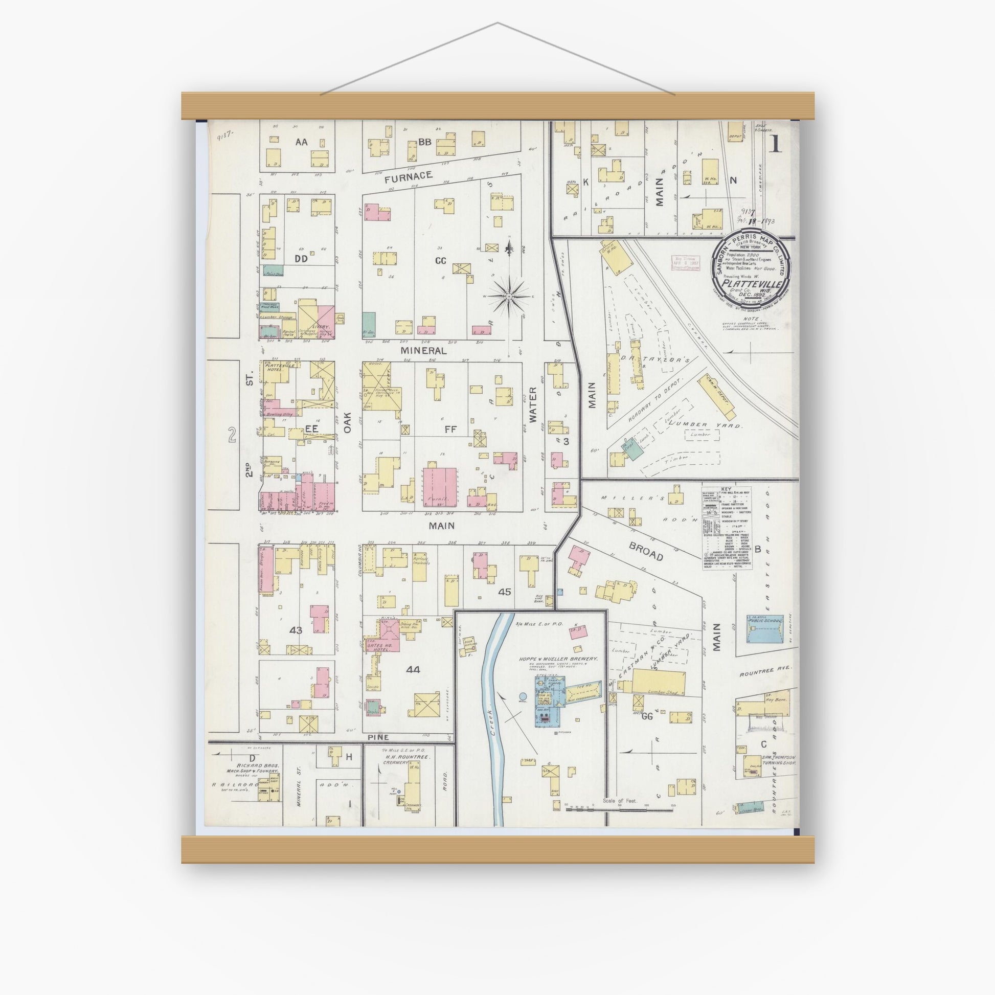Old map wall art mockup — magnetic wood frame on white wall — Sanborn Fire Insurance Map from Platteville, Grant County, Wisconsin (1892) - Complete Map Set