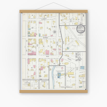 Old map wall art mockup — magnetic wood frame on white wall — Sanborn Fire Insurance Map from Platteville, Grant County, Wisconsin (1892) - Complete Map Set