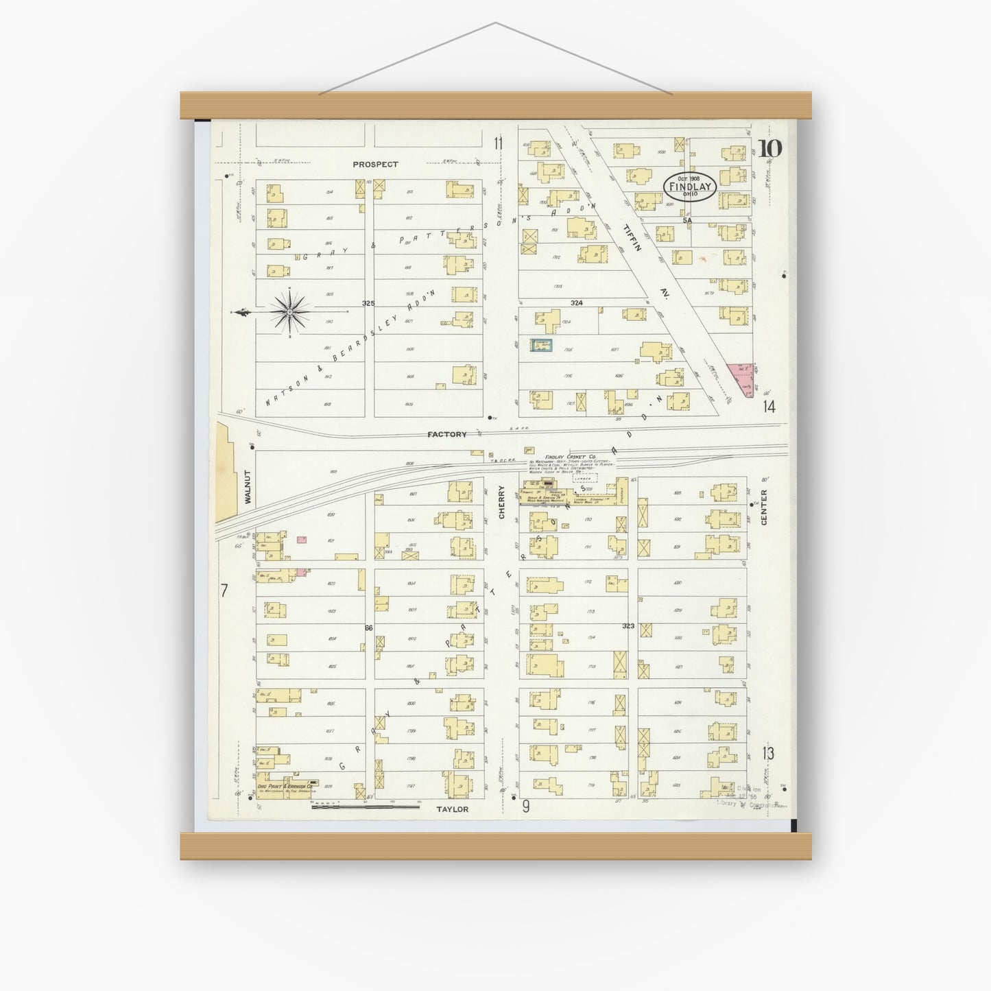 Old map wall art mockup — magnetic wood frame on white wall — Sanborn Fire Insurance Map from Findlay, Hancock County, Ohio (1908), Sheet #0010