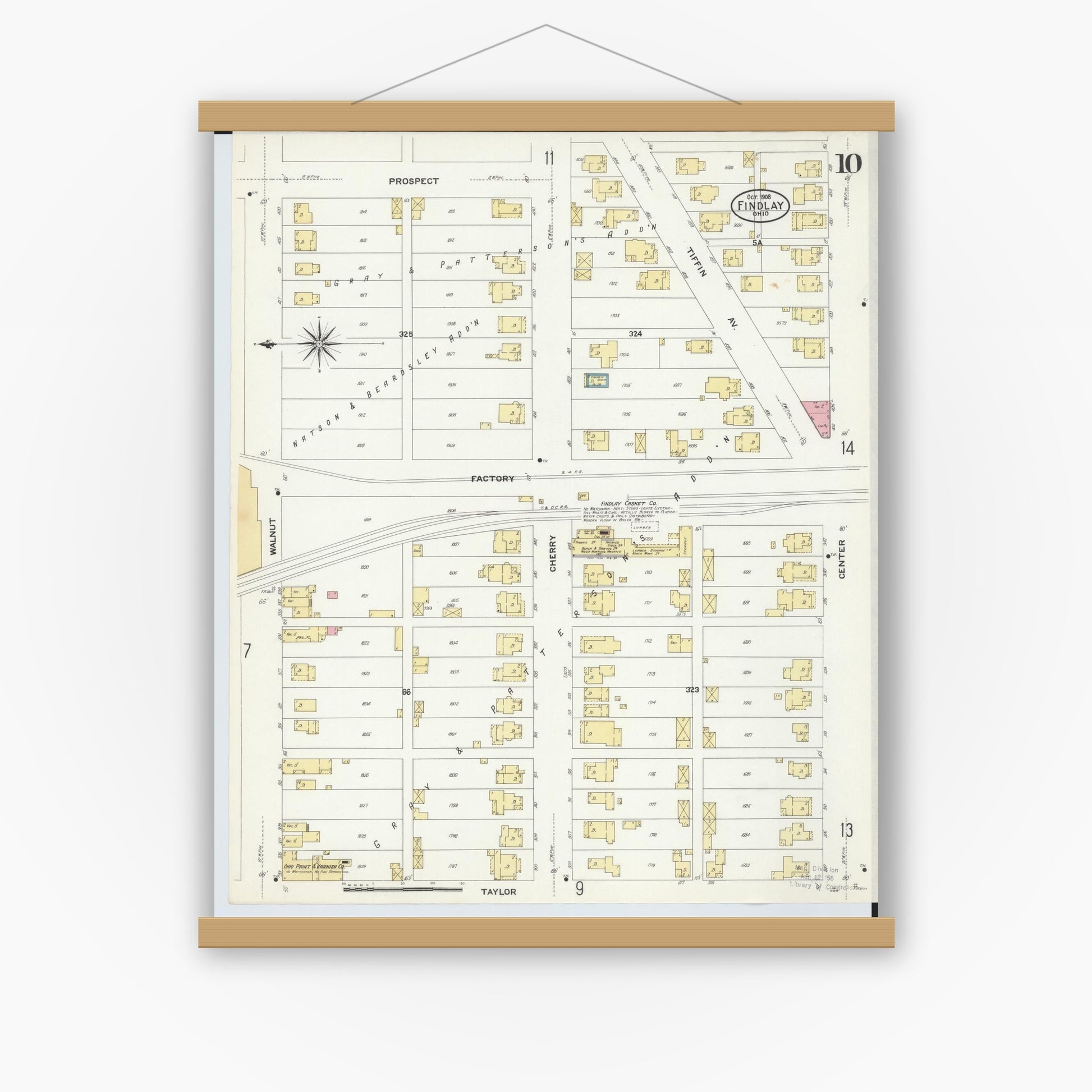 Old map wall art mockup — magnetic wood frame on white wall — Sanborn Fire Insurance Map from Findlay, Hancock County, Ohio (1908), Sheet #0010