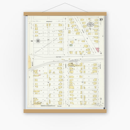 Old map wall art mockup — magnetic wood frame on white wall — Sanborn Fire Insurance Map from Findlay, Hancock County, Ohio (1908), Sheet #0010