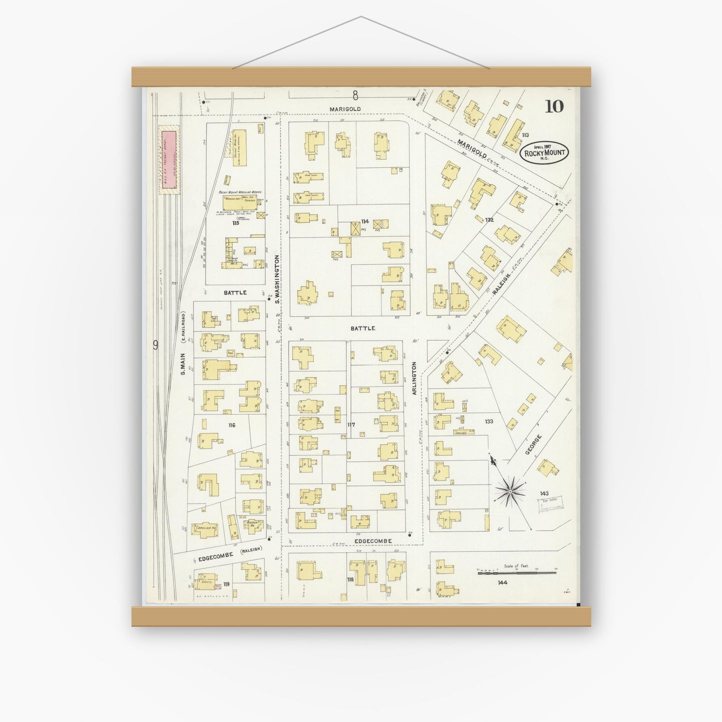 Old map wall art mockup — magnetic wood frame on white wall — Sanborn Fire Insurance Map from Rocky Mount, Edgecombe And Nash Counties, North Carolina (1907), Sheet #0010