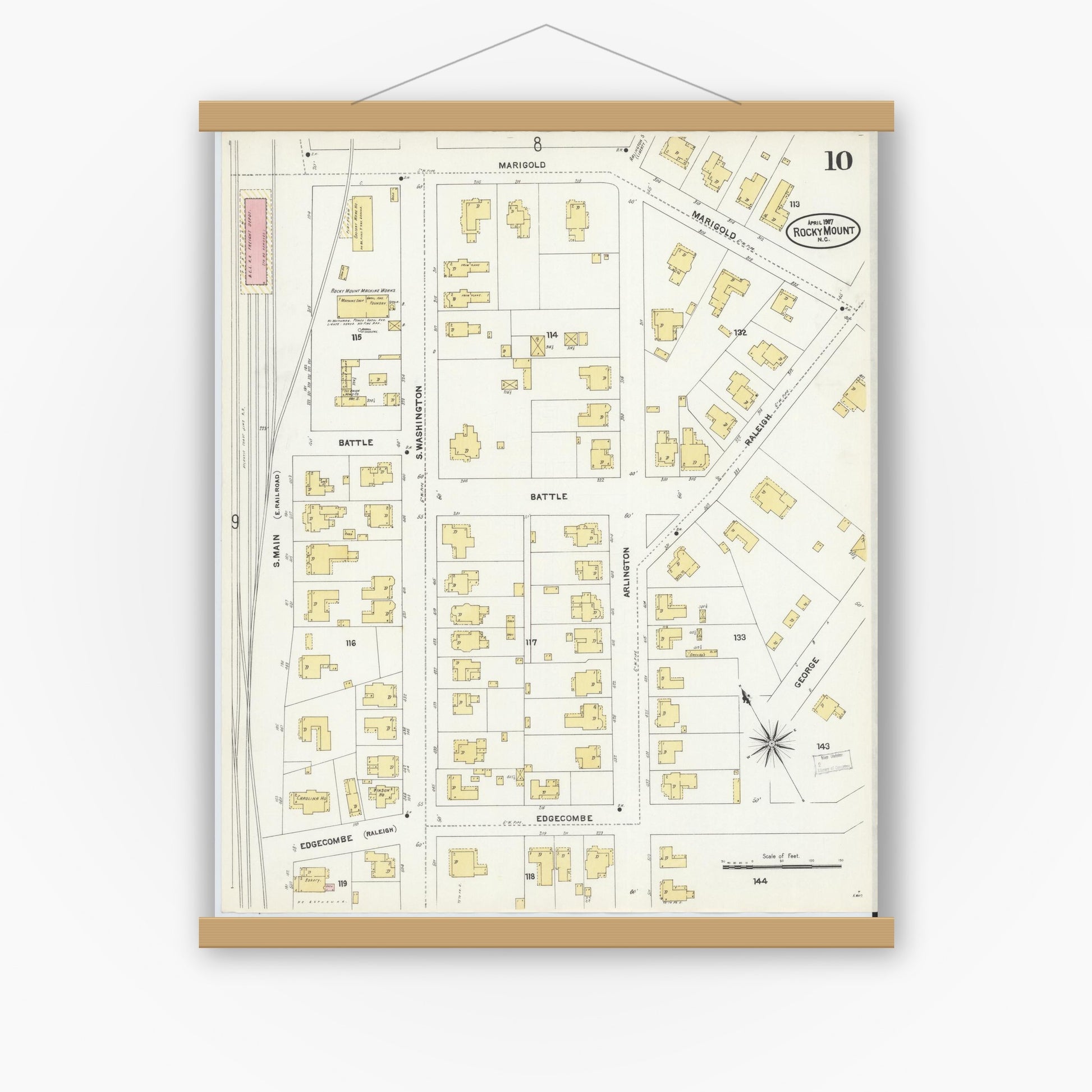Old map wall art mockup — magnetic wood frame on white wall — Sanborn Fire Insurance Map from Rocky Mount, Edgecombe And Nash Counties, North Carolina (1907), Sheet #0010