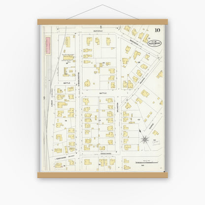Old map wall art mockup — magnetic wood frame on white wall — Sanborn Fire Insurance Map from Rocky Mount, Edgecombe And Nash Counties, North Carolina (1907), Sheet #0010