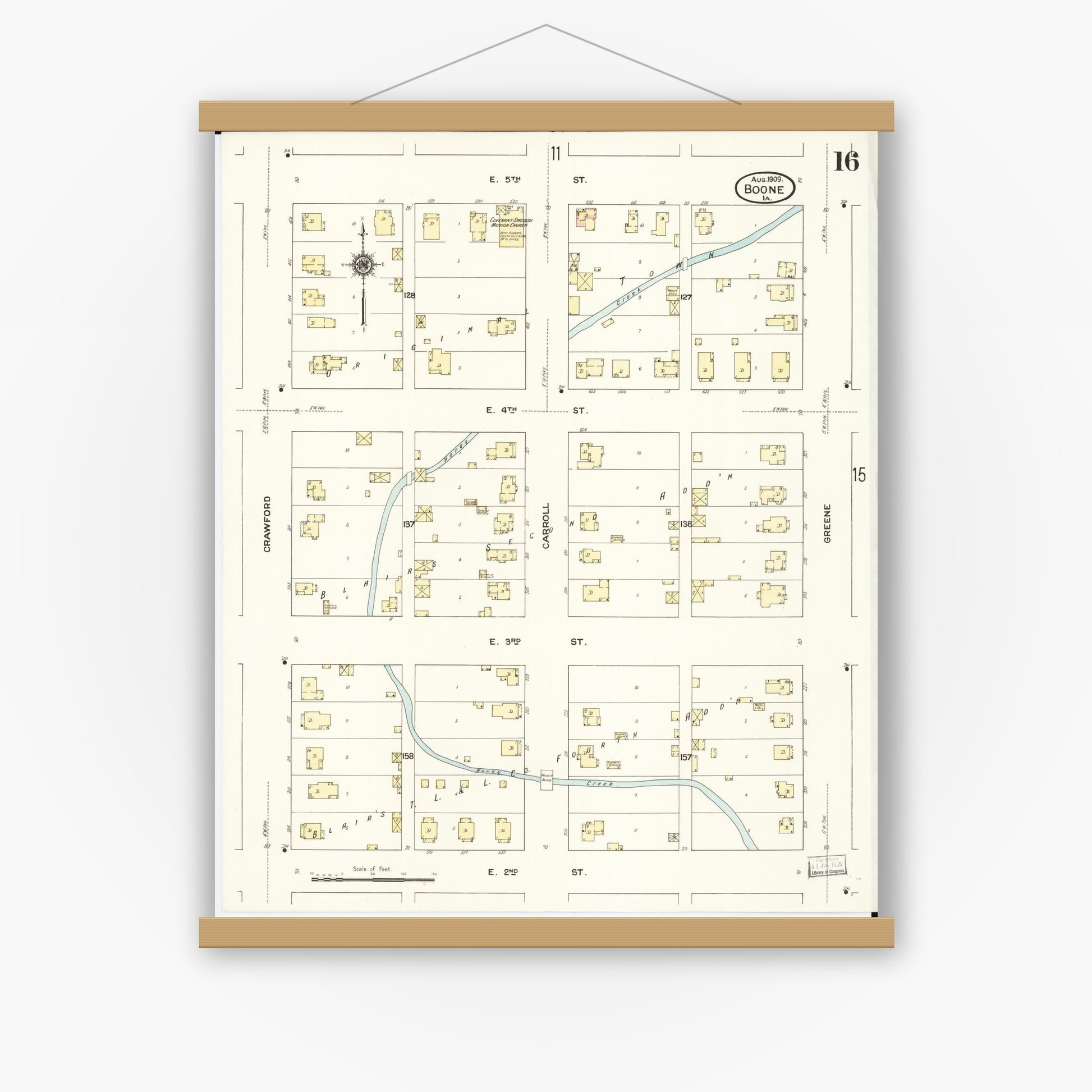 Old map wall art mockup — magnetic wood frame on white wall — Sanborn Fire Insurance Map from Boone, Boone County, Iowa (1909), Sheet #0016