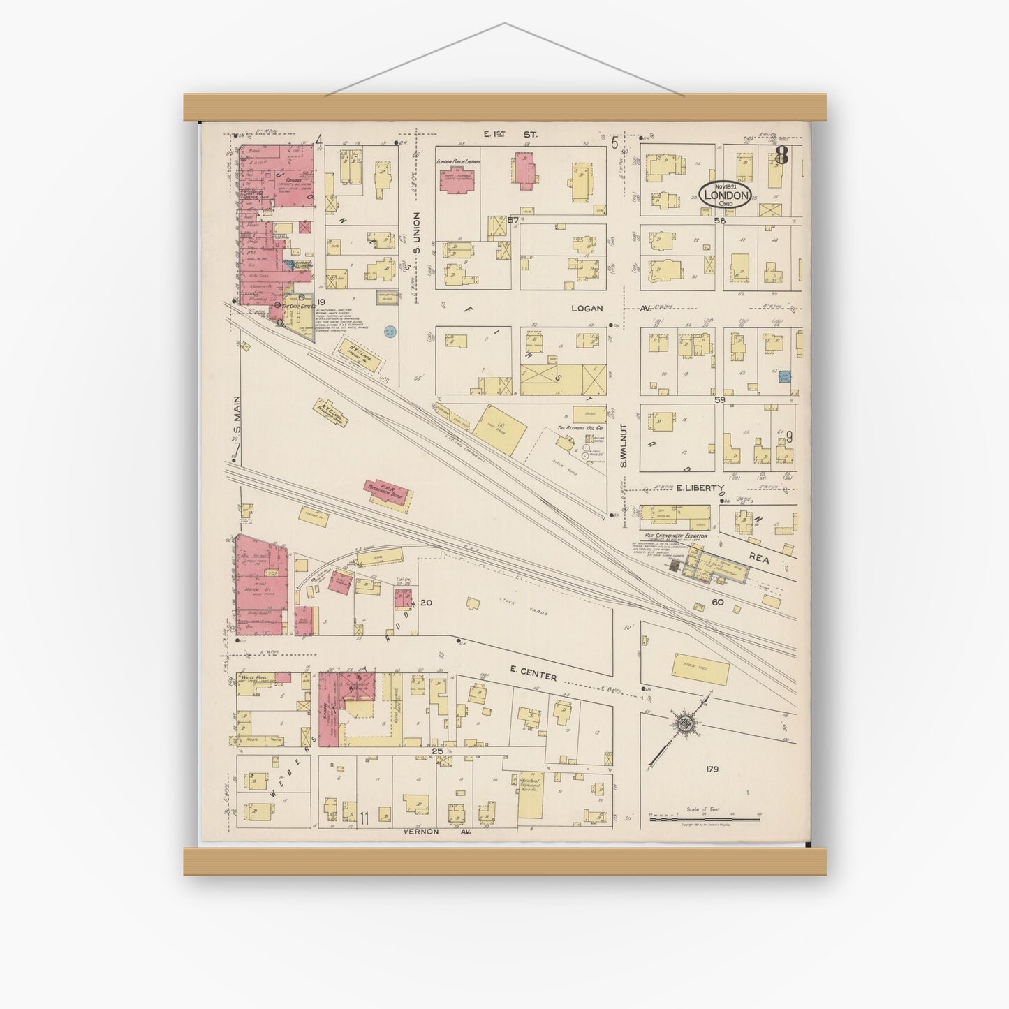 Old map wall art mockup — magnetic wood frame on white wall — Sanborn Fire Insurance Map from London, Madison County, Ohio (1921), Sheet #0008