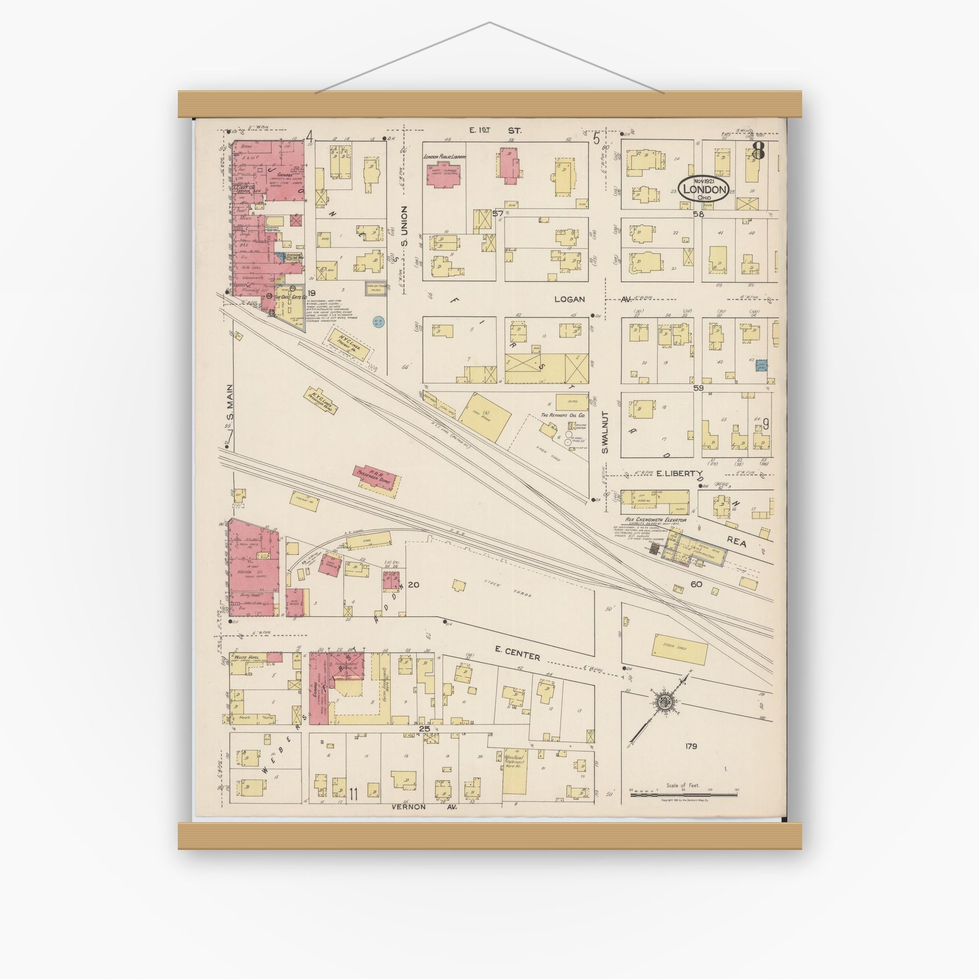 Old map wall art mockup — magnetic wood frame on white wall — Sanborn Fire Insurance Map from London, Madison County, Ohio (1921), Sheet #0008