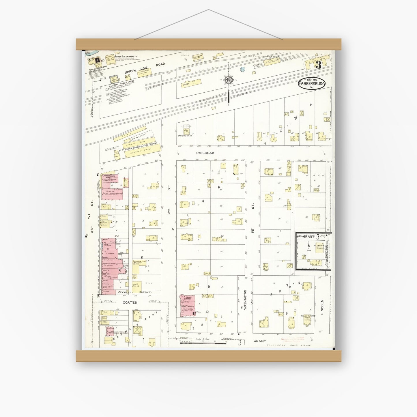 Old map wall art mockup — magnetic wood frame on white wall — Sanborn Fire Insurance Map from Parkersburg, Butler County, Iowa (1913), Sheet #0003
