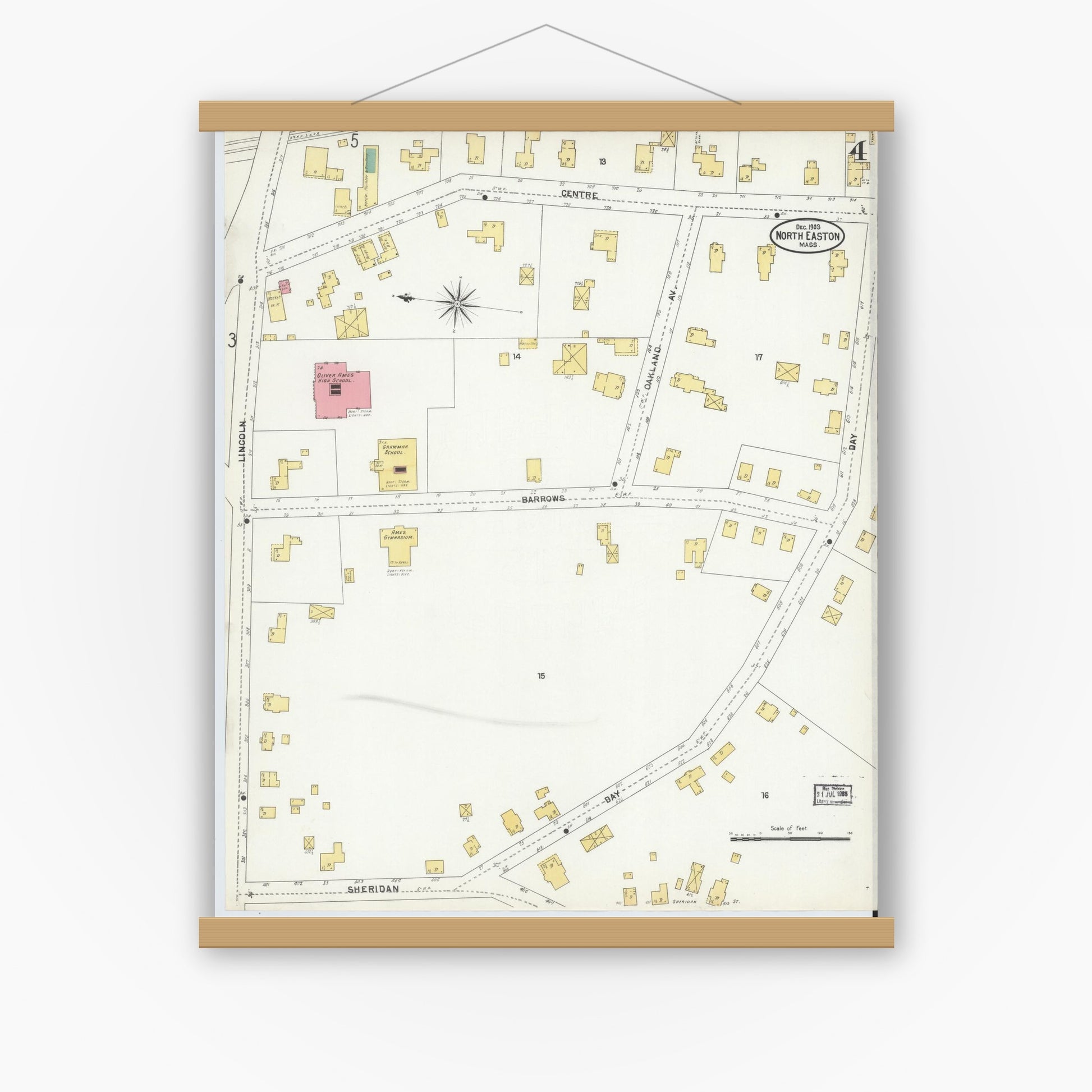 Old map wall art mockup — magnetic wood frame on white wall — Sanborn Fire Insurance Map from North Easton, Bristol County, Massachusetts (1903), Sheet #0004