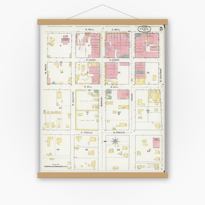 Old map wall art mockup — magnetic wood frame on white wall — Sanborn Fire Insurance Map from Paris, Lamar County, Texas (1892), Sheet #0005