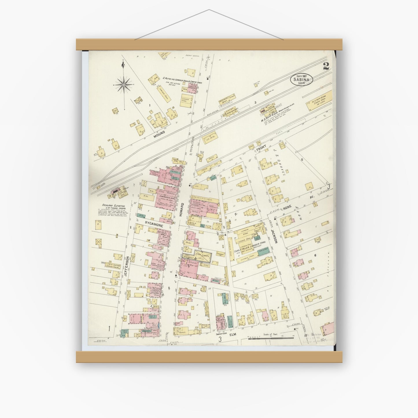 Old map wall art mockup — magnetic wood frame on white wall — Sanborn Fire Insurance Map from Sabina, Clinton County, Ohio (1907), Sheet #0002