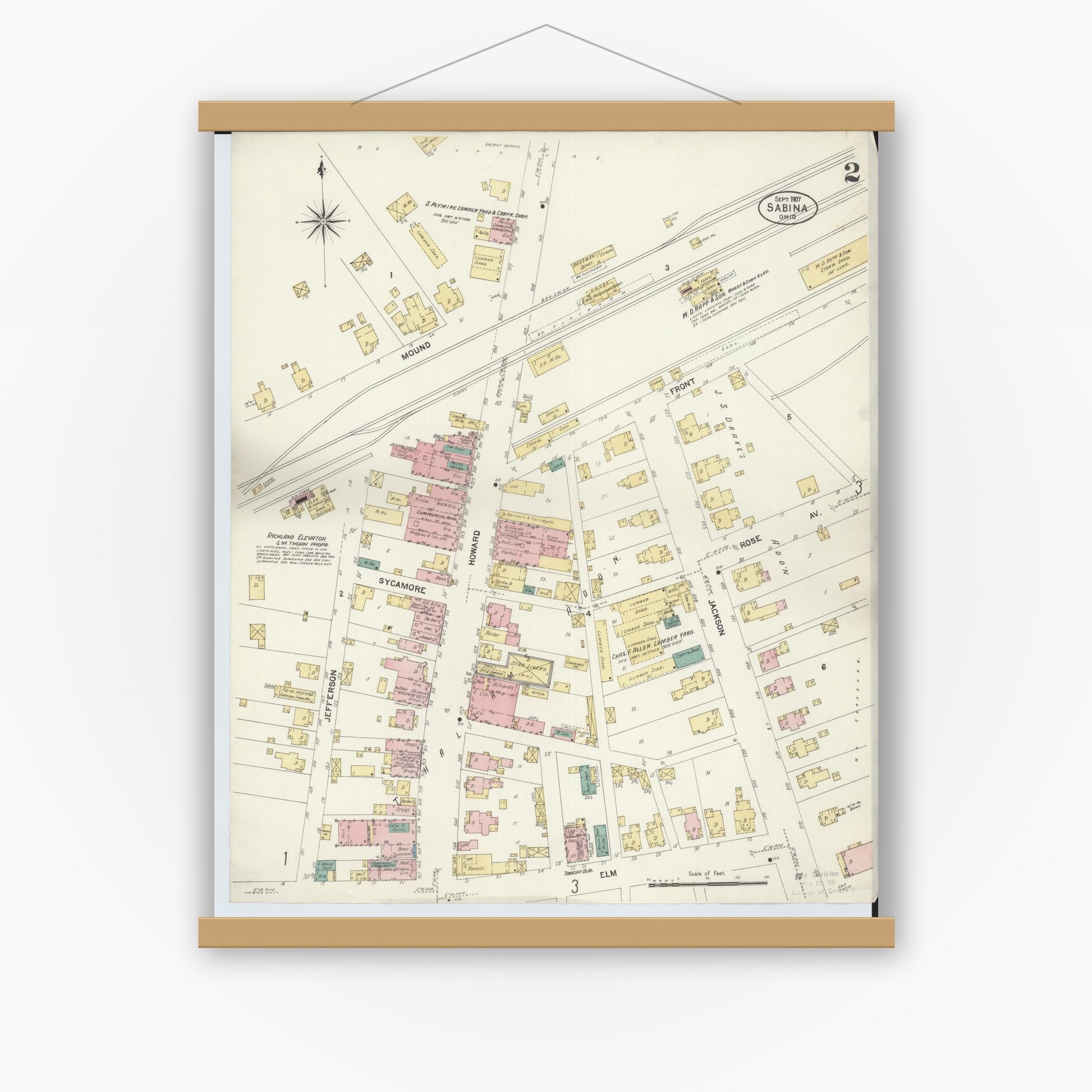 Old map wall art mockup — magnetic wood frame on white wall — Sanborn Fire Insurance Map from Sabina, Clinton County, Ohio (1907), Sheet #0002