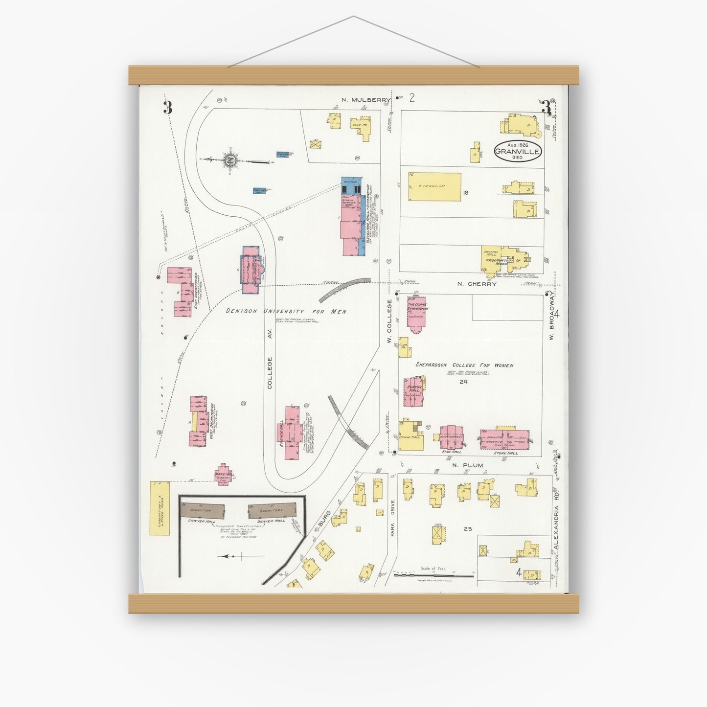Old map wall art mockup — magnetic wood frame on white wall — Sanborn Fire Insurance Map from Granville, Licking County, Ohio (1926), Sheet #0003