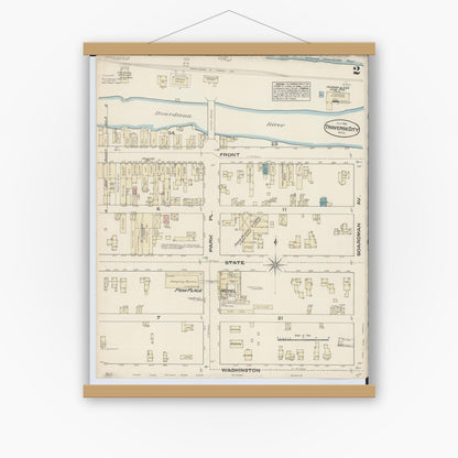 Old map wall art mockup — magnetic wood frame on white wall — Sanborn Fire Insurance Map from Traverse City, Grand Traverse County, Michigan (1884), Sheet #0002