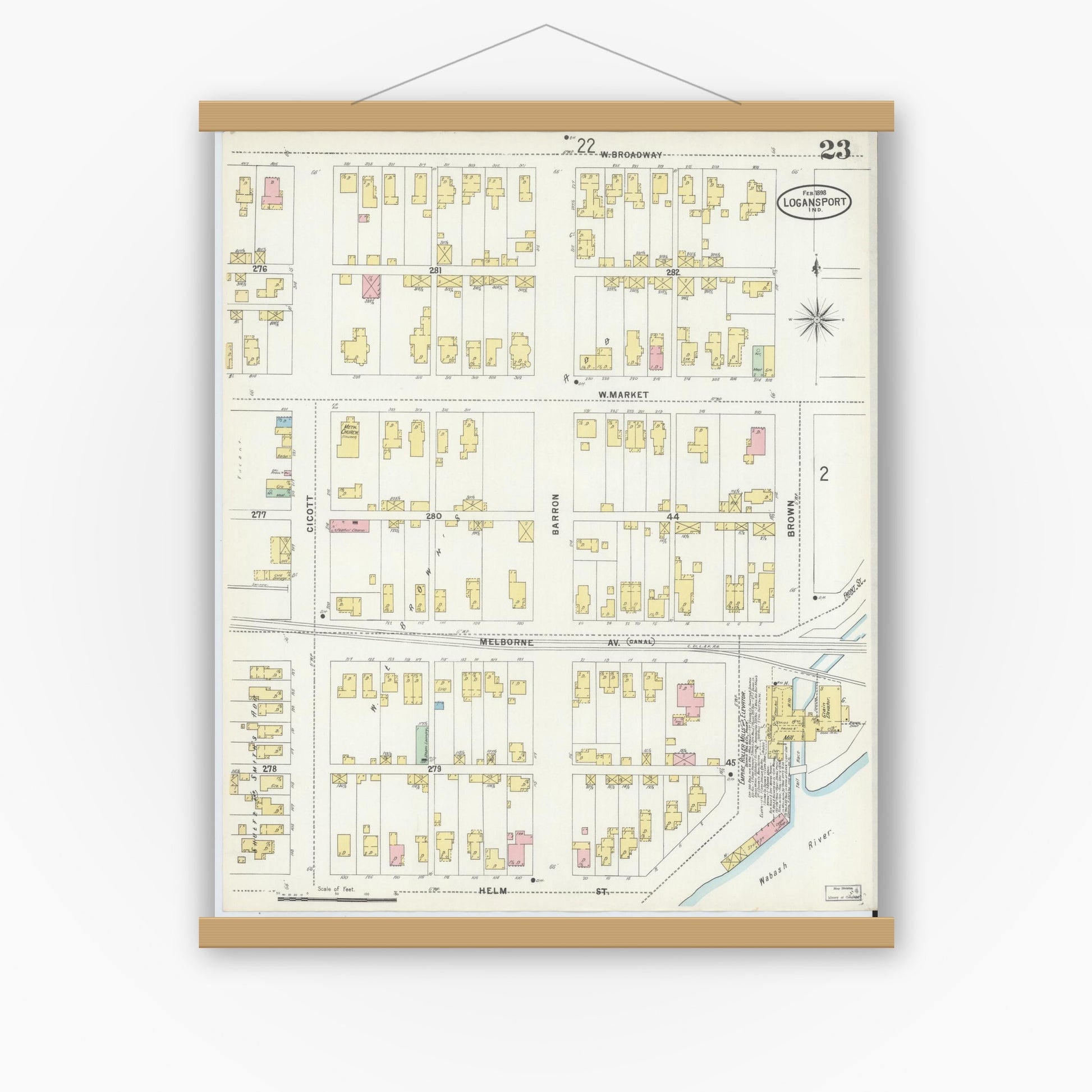 Old map wall art mockup — magnetic wood frame on white wall — Sanborn Fire Insurance Map from Logansport, Cass County, Indiana (1898), Sheet #0023