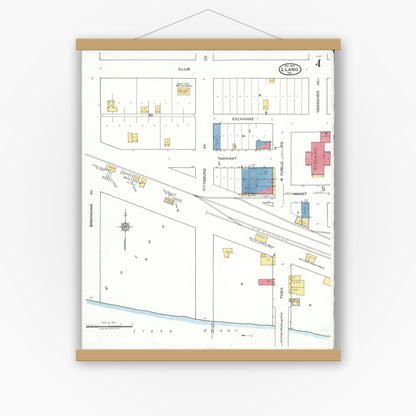 Old map wall art mockup — magnetic wood frame on white wall — Sanborn Fire Insurance Map from Llano, Llano County, Texas (1921), Sheet #0004