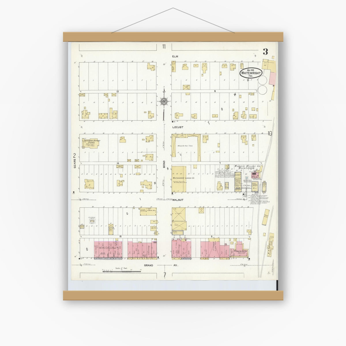 Old map wall art mockup — magnetic wood frame on white wall — Sanborn Fire Insurance Map from Whitewright, Grayson County, Texas (1912), Sheet #0003