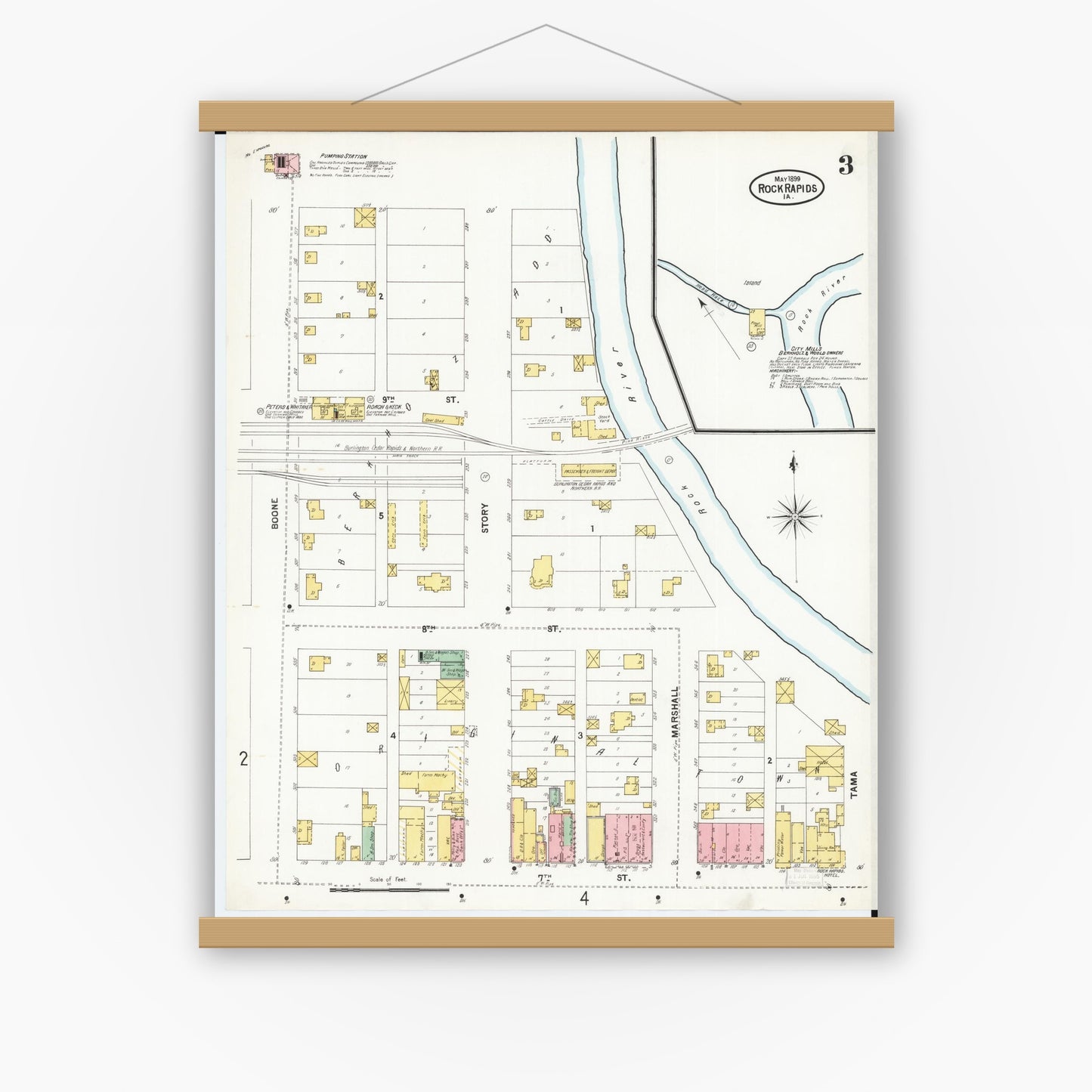 Old map wall art mockup — magnetic wood frame on white wall — Sanborn Fire Insurance Map from Rock Rapids, Lyon County, Iowa (1899), Sheet #0003