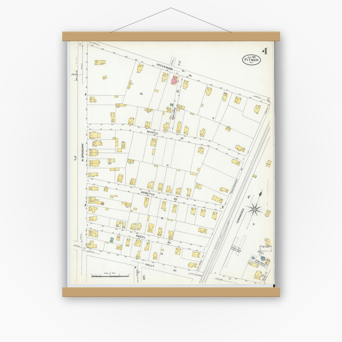 Old map wall art mockup — magnetic wood frame on white wall — Sanborn Fire Insurance Map from Pitman, Gloucester County, New Jersey (1908), Sheet #0004