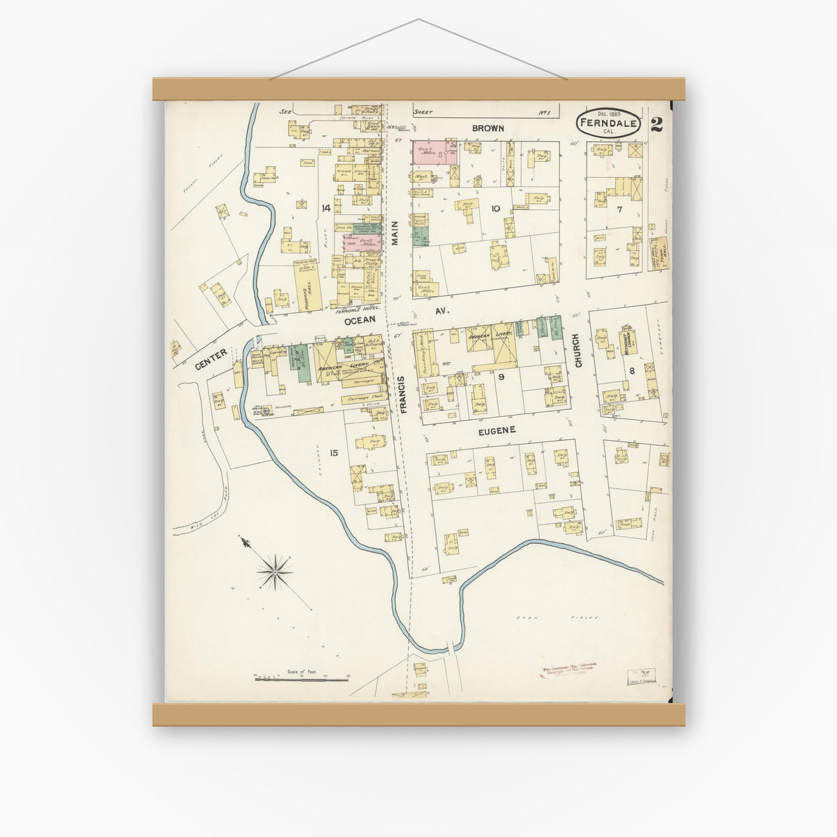 Old map wall art mockup — magnetic wood frame on white wall — Sanborn Fire Insurance Map from Ferndale, Humboldt County, California (1889), Sheet #0002