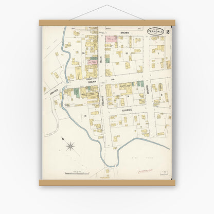 Old map wall art mockup — magnetic wood frame on white wall — Sanborn Fire Insurance Map from Ferndale, Humboldt County, California (1889), Sheet #0002