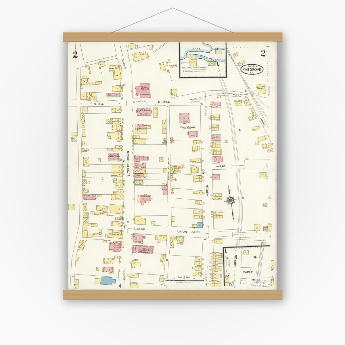 Old map wall art mockup — magnetic wood frame on white wall — Sanborn Fire Insurance Map from Pine Grove, Schuylkill County, Pennsylvania (1923), Sheet #0002