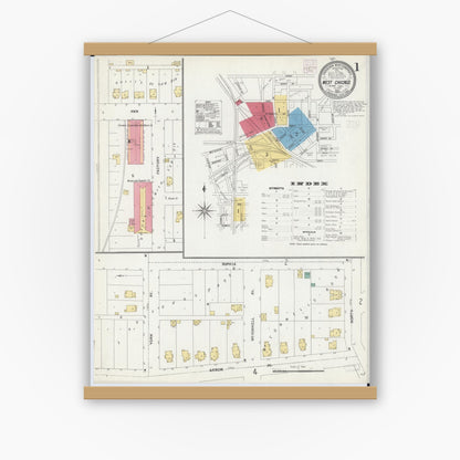 Old map wall art mockup — magnetic wood frame on white wall — Sanborn Fire Insurance Map from West Chicago, Du Page County, Illinois (1905) - Complete Map Set