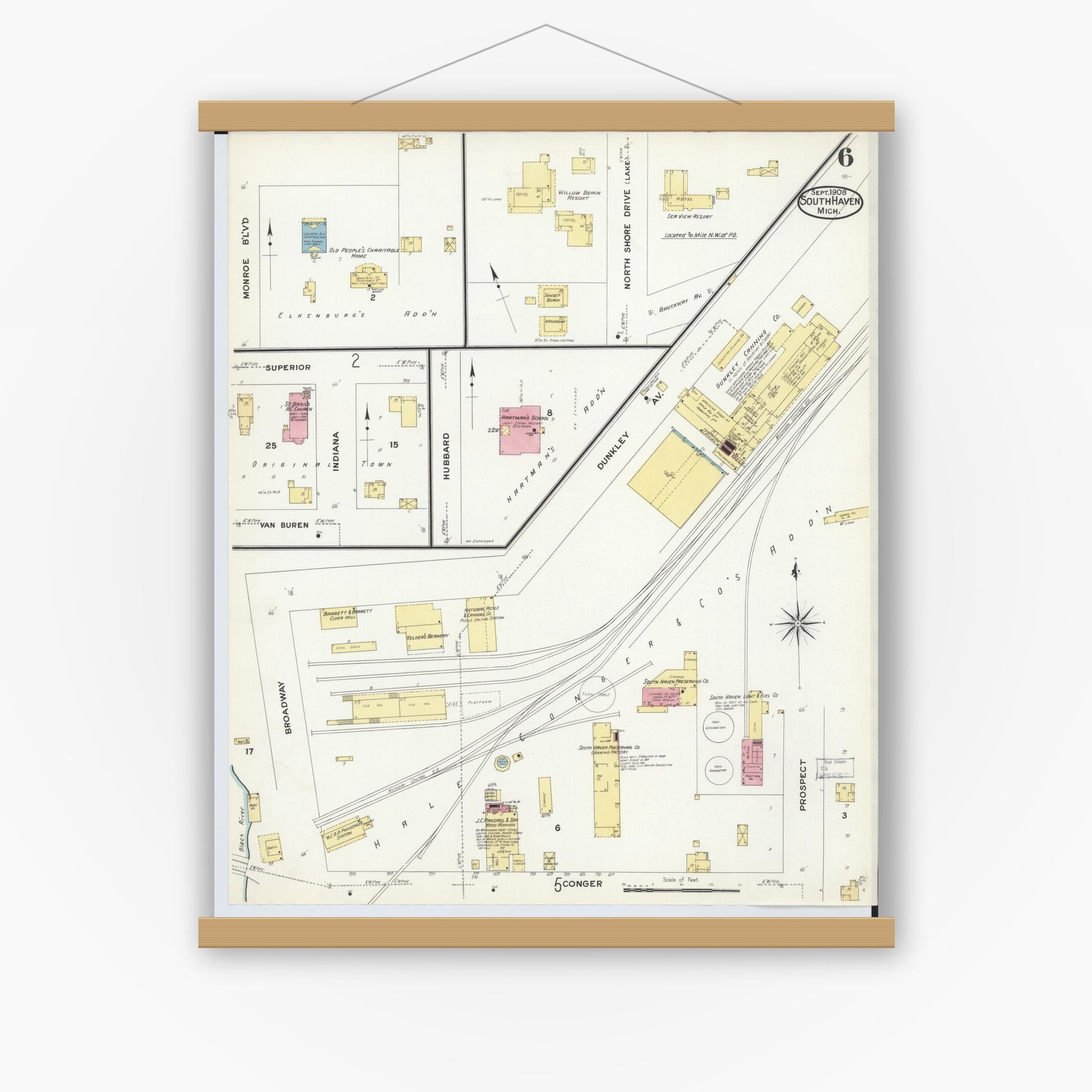 Old map wall art mockup — magnetic wood frame on white wall — Sanborn Fire Insurance Map from South Haven, Van Buren County, Michigan (1908), Sheet #0006