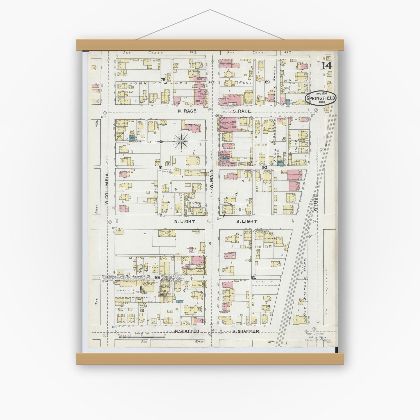Old map wall art mockup — magnetic wood frame on white wall — Sanborn Fire Insurance Map from Springfield, Clark County, Ohio (1891), Sheet #0014