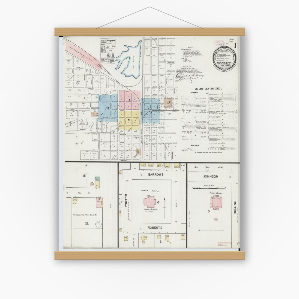 Old map wall art mockup — magnetic wood frame on white wall — Sanborn Fire Insurance Map from Moberly, Randolph County, Missouri (1888) - Complete Map Set