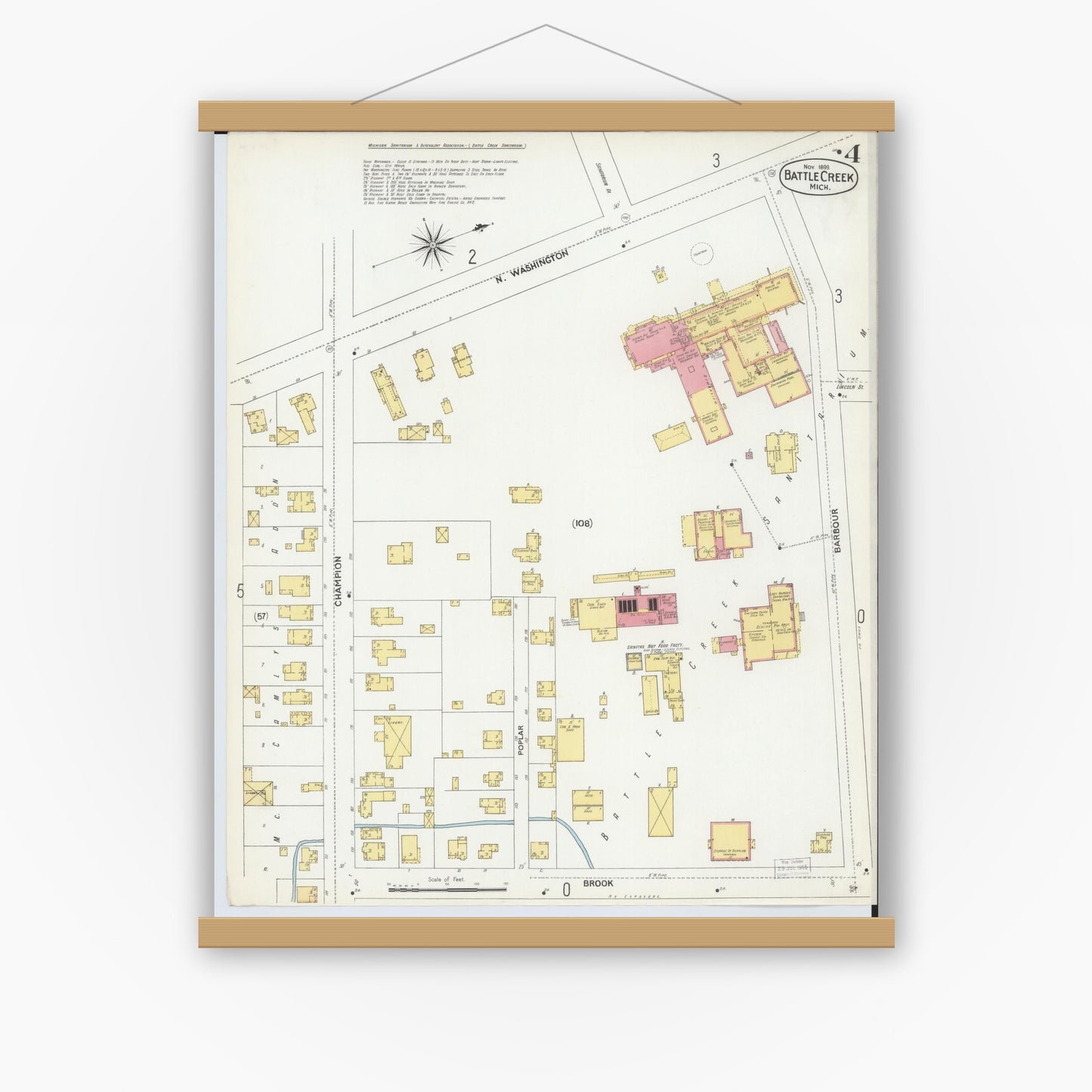 Old map wall art mockup — magnetic wood frame on white wall — Sanborn Fire Insurance Map from Battle Creek, Calhoun County, Michigan (1899), Sheet #0004