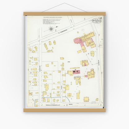 Old map wall art mockup — magnetic wood frame on white wall — Sanborn Fire Insurance Map from Battle Creek, Calhoun County, Michigan (1899), Sheet #0004