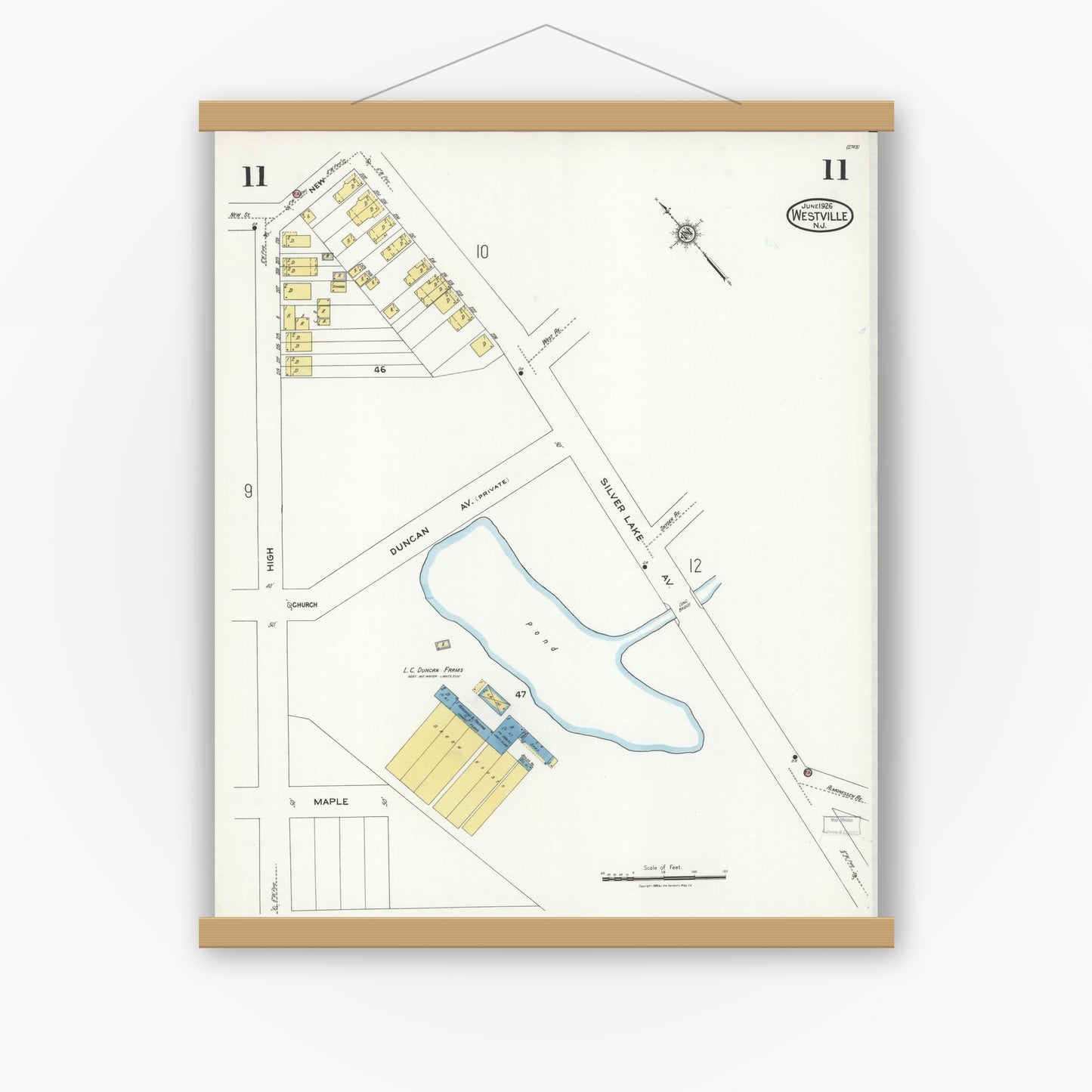 Old map wall art mockup — magnetic wood frame on white wall — Sanborn Fire Insurance Map from Westville, Gloucester County, New Jersey (1926), Sheet #0011
