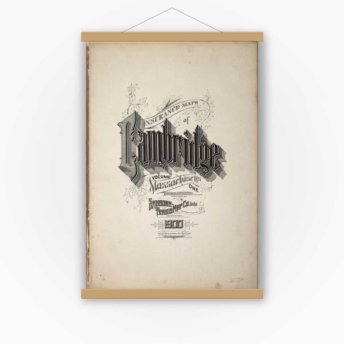 Old map wall art mockup — magnetic wood frame on white wall — Sanborn Fire Insurance Map from Cambridge, Middlesex County, Massachusetts (1900), Sheet #0001