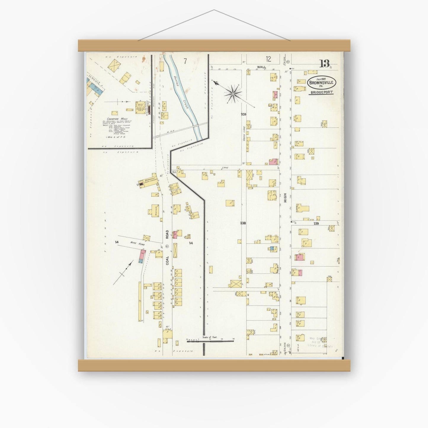 Old map wall art mockup — magnetic wood frame on white wall — Sanborn Fire Insurance Map from Brownsville, Fayette County, Pennsylvania (1907), Sheet #0013