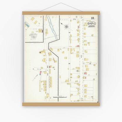 Old map wall art mockup — magnetic wood frame on white wall — Sanborn Fire Insurance Map from Brownsville, Fayette County, Pennsylvania (1907), Sheet #0013