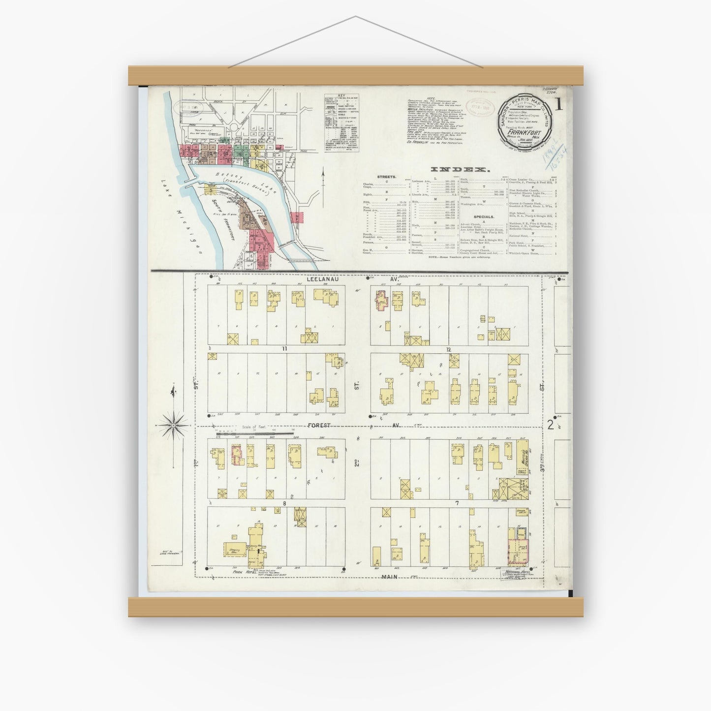 Old map wall art mockup — magnetic wood frame on white wall — Sanborn Fire Insurance Map from Frankfort, Benzie County, Michigan (1899) - Complete Map Set