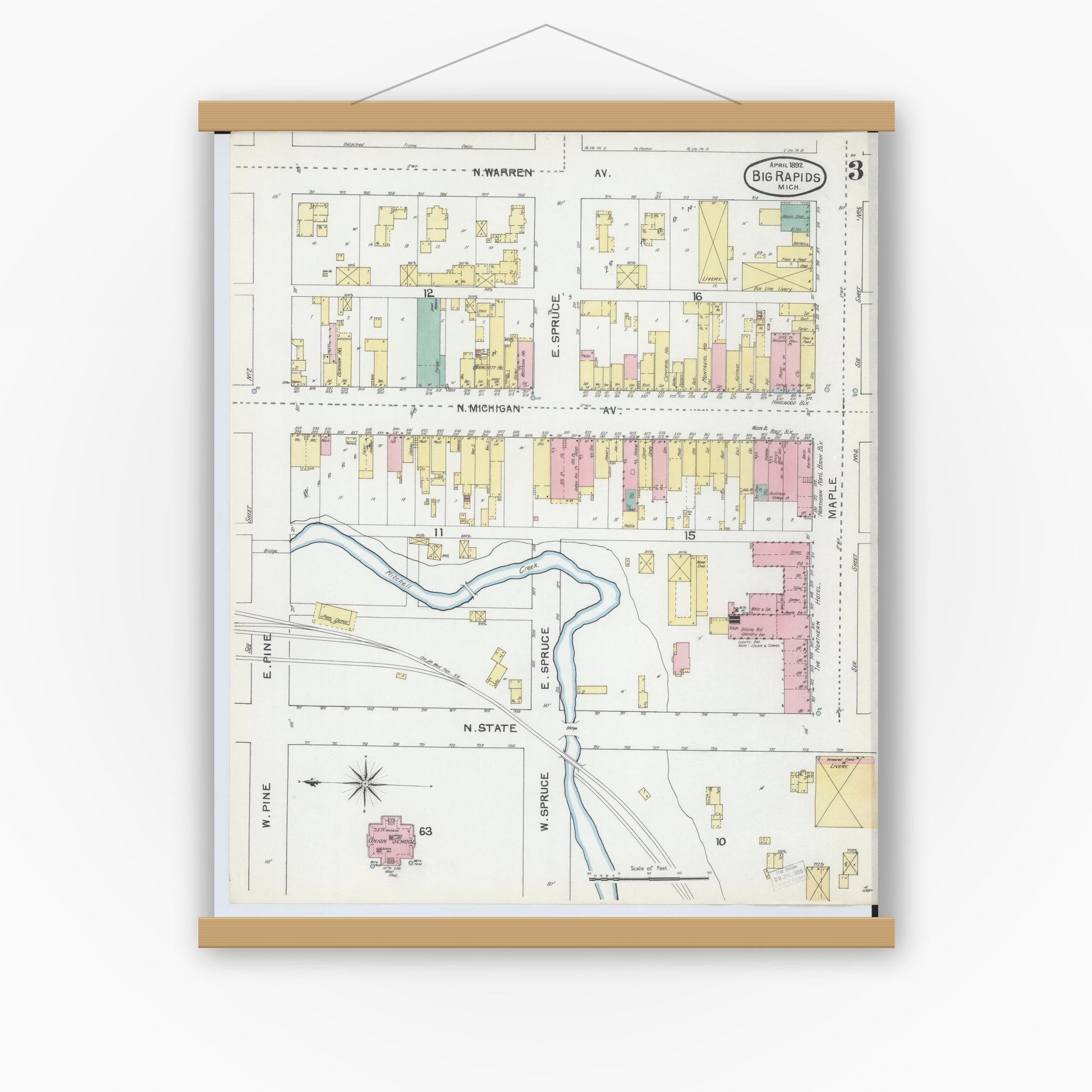 Old map wall art mockup — magnetic wood frame on white wall — Sanborn Fire Insurance Map from Big Rapids, Mecosta County, Michigan (1892), Sheet #0003