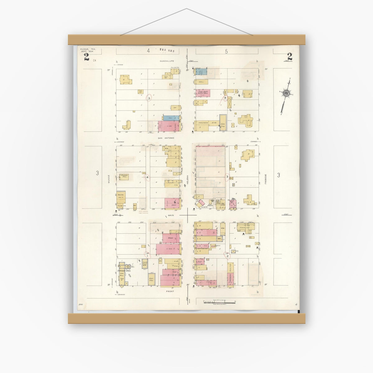 Old map wall art mockup — magnetic wood frame on white wall — Sanborn Fire Insurance Map from Runge, Karnes County, Texas (1944), Sheet #0002