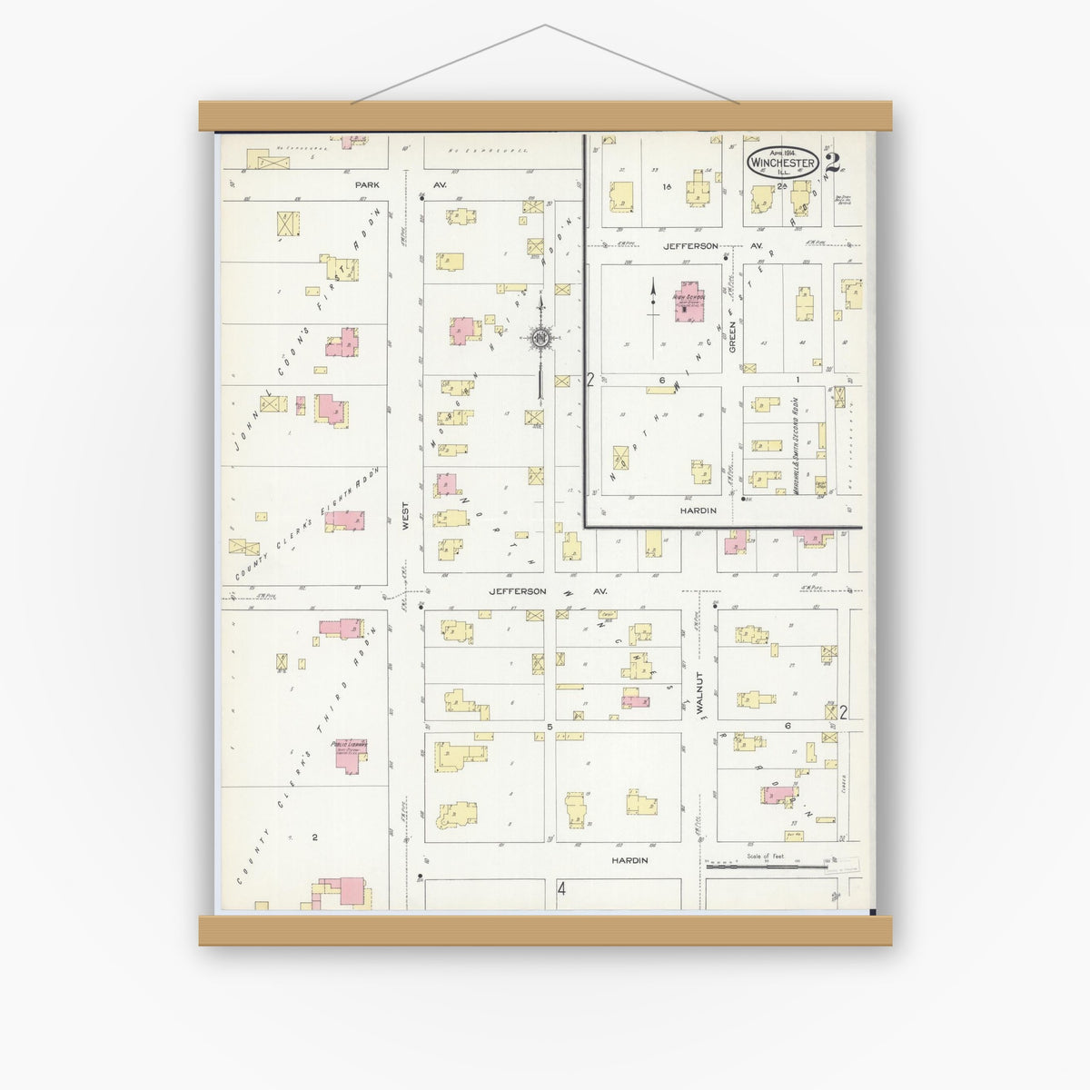 Old map wall art mockup — magnetic wood frame on white wall — Sanborn Fire Insurance Map from Winchester, Scott County, Illinois (1914), Sheet #0002