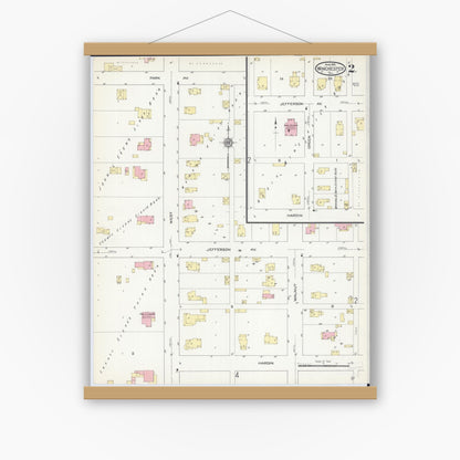 Old map wall art mockup — magnetic wood frame on white wall — Sanborn Fire Insurance Map from Winchester, Scott County, Illinois (1914), Sheet #0002