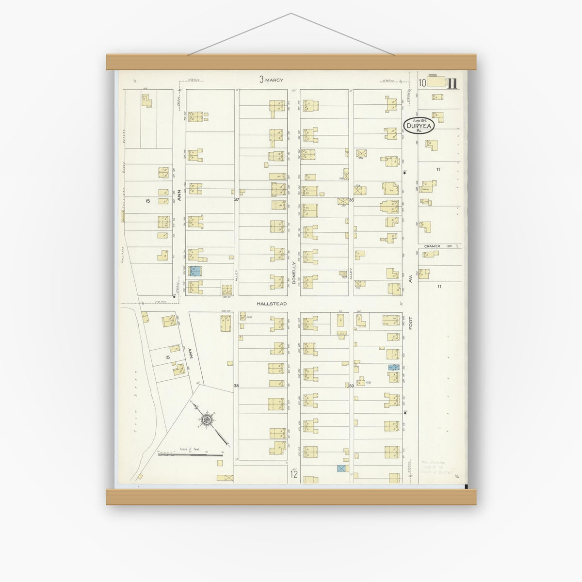 Old map wall art mockup — magnetic wood frame on white wall — Sanborn Fire Insurance Map from Duryea, Luzerne County, Pennsylvania (1914), Sheet #0011