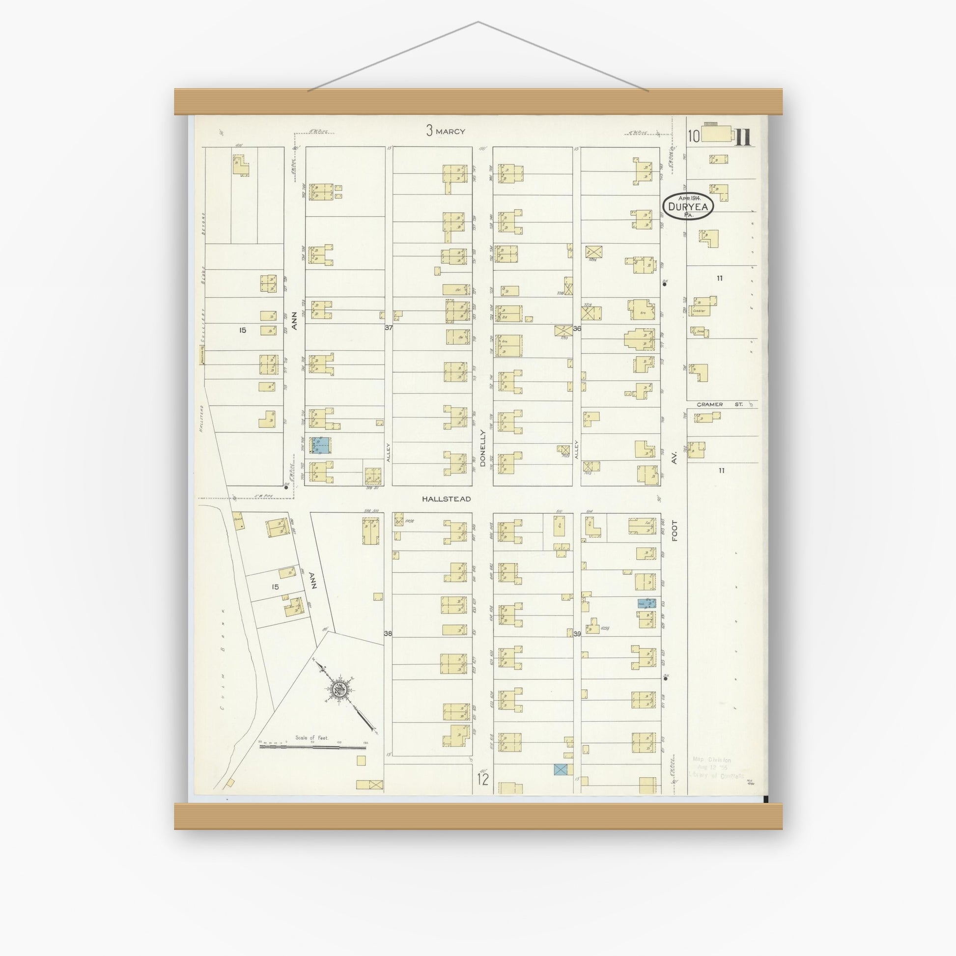 Old map wall art mockup — magnetic wood frame on white wall — Sanborn Fire Insurance Map from Duryea, Luzerne County, Pennsylvania (1914), Sheet #0011